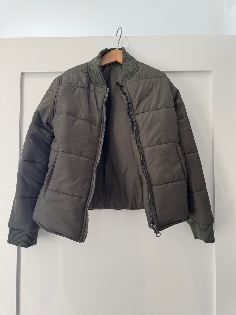 Kids Olive Green Puffer Jacket with Ribbed Trim